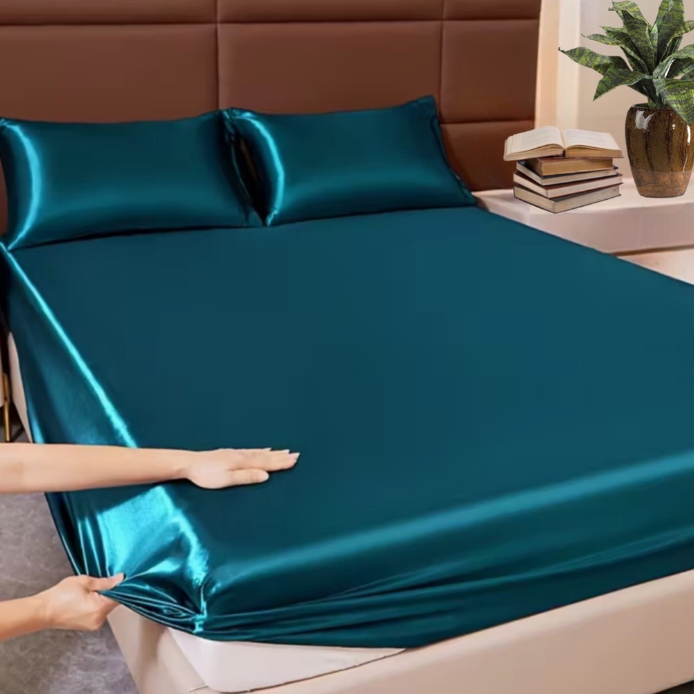 3pc Luxurious Satin Sheet Bedding Set - Metallic Dark Teal Blue
